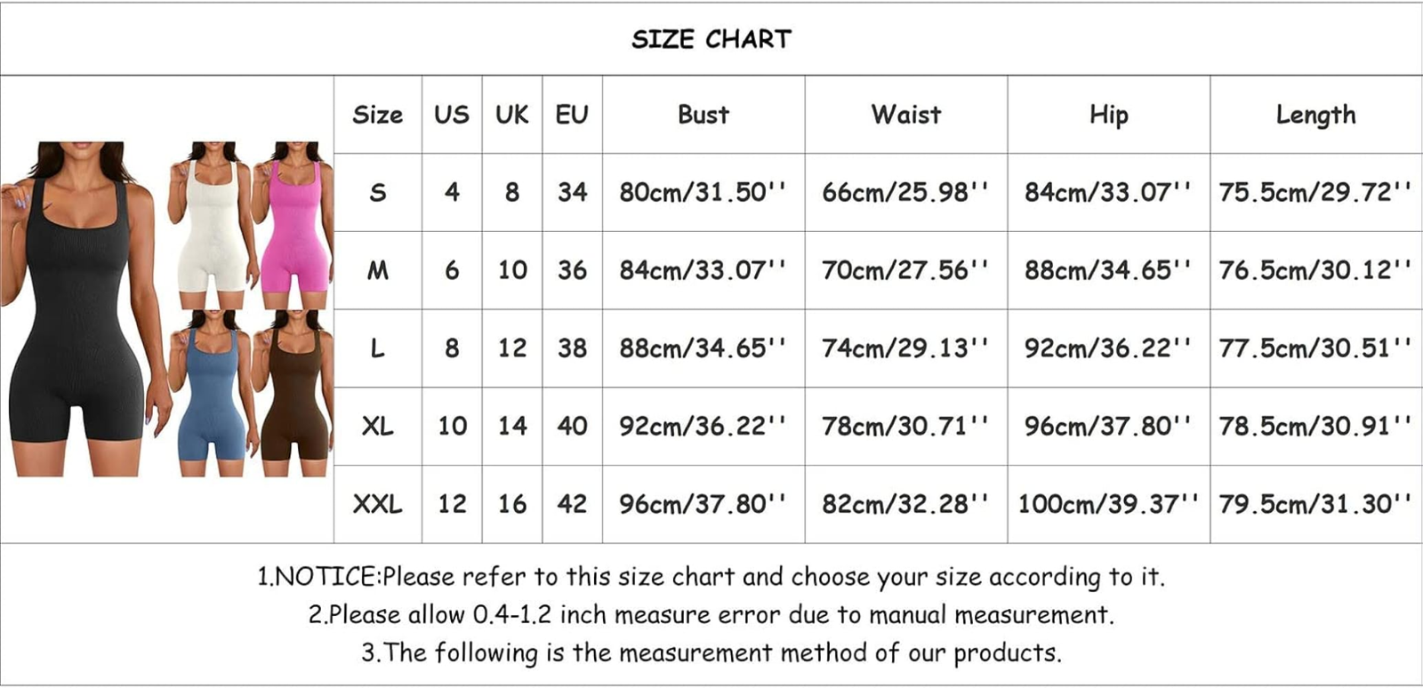 Sizing and Fit Guide for Full Body Undergarments alt with keywords: A detailed sizing guide showing how to measure the bust, waist, and hips for a perfect bodysuit fit