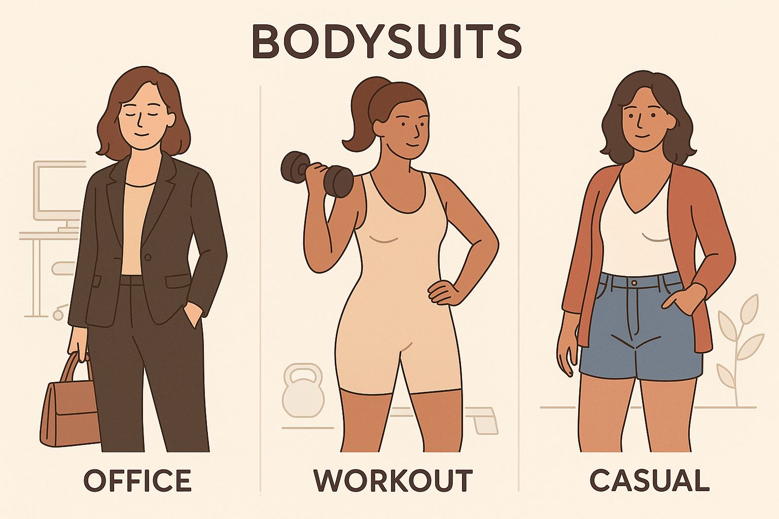 Choosing Undergarments for Different Occasions alt with keywords: Three women in different settings: one in an office, one at a wedding, and one in a casual outfit, each wearing an appropriate bodysuit