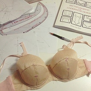 Supplier Collaboration for Full Cup Bras alt with keywords: A pattern maker and a technician collaborating on a full cup bra pattern in a factory setting