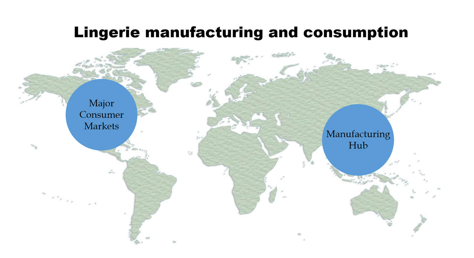 The Global Bra Market Landscape alt with keywords: A world map highlighting bra manufacturing hubs in Asia and key consumer markets in North America and Europe