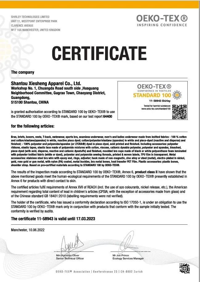 OEKO-TEX 100 Certificate