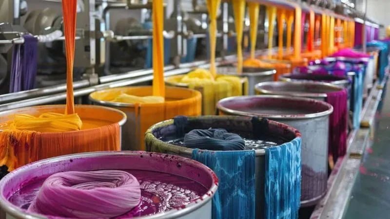 Industrial fabric dyeing process with multiple dyeing vats and colorful textile materials in a textile factory.
